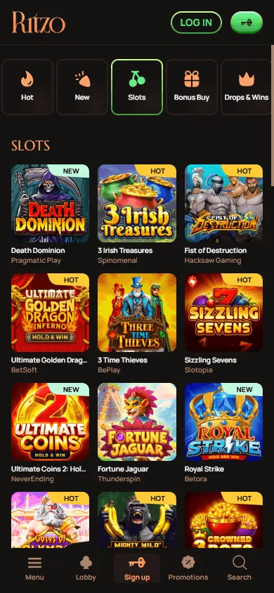 Ritzo Casino games screen on a mobile device
