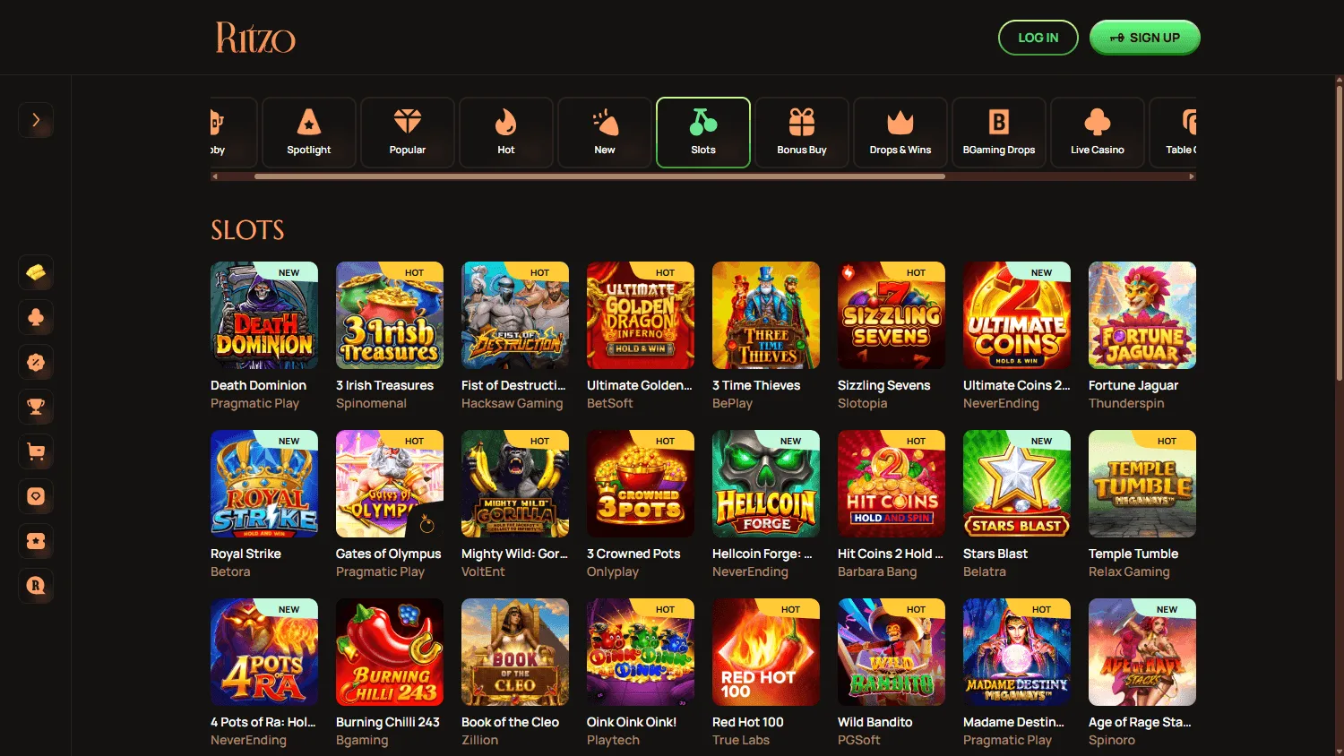 Ritzo Casino games screen on desktop