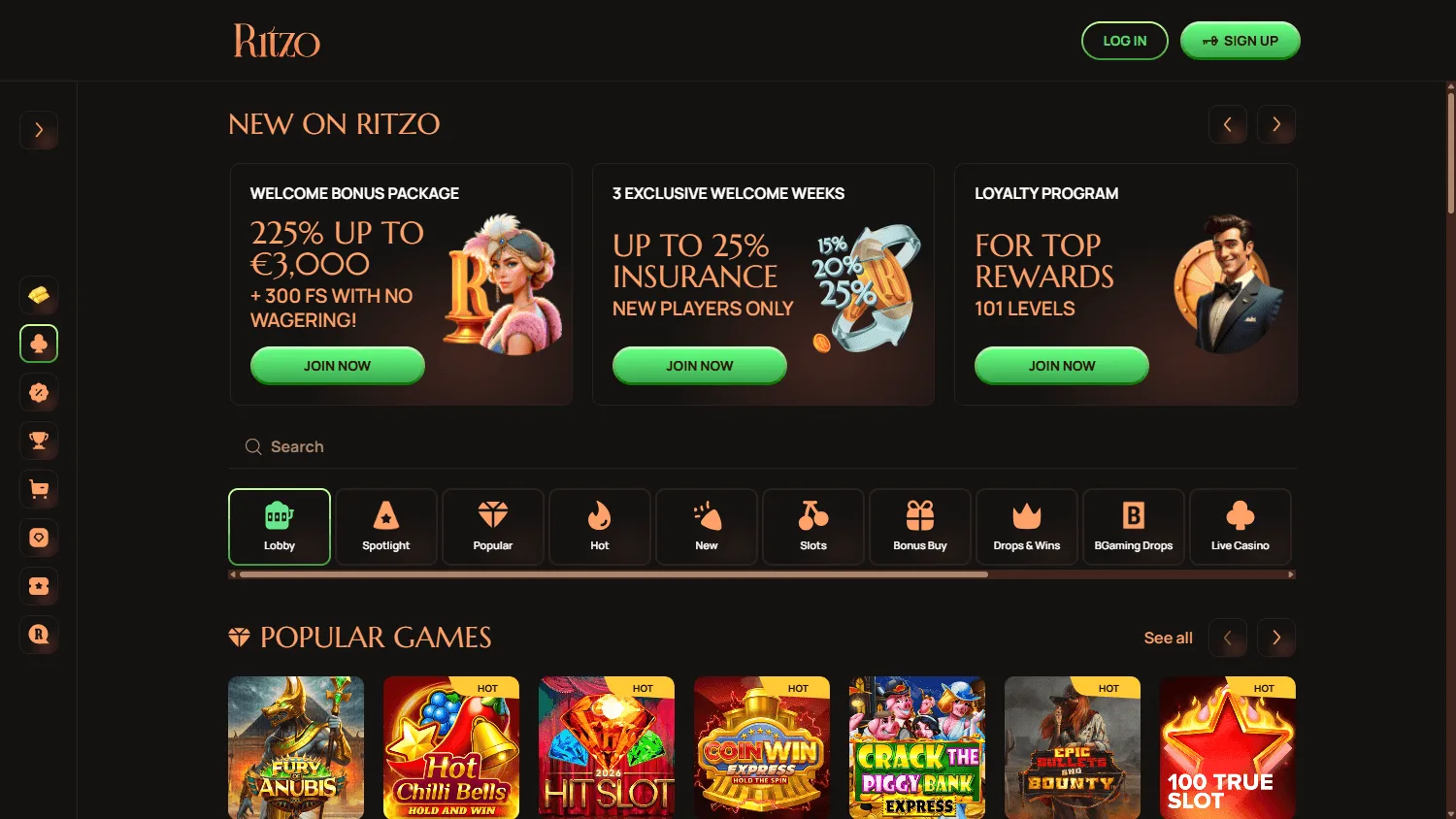 Ritzo Casino home screen on desktop