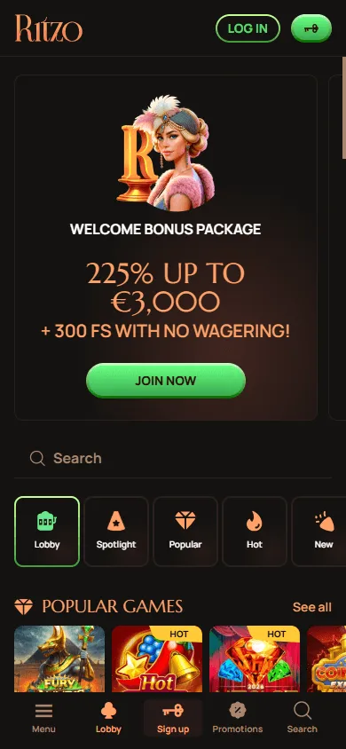 Ritzo Casino home screen on a mobile device