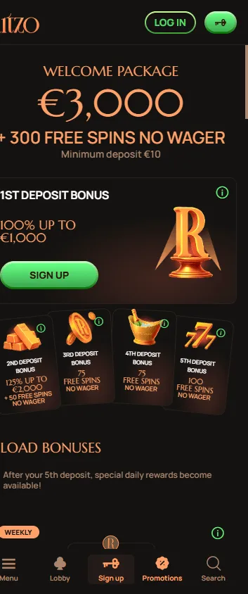 Ritzo Casino promotions screen on a mobile device