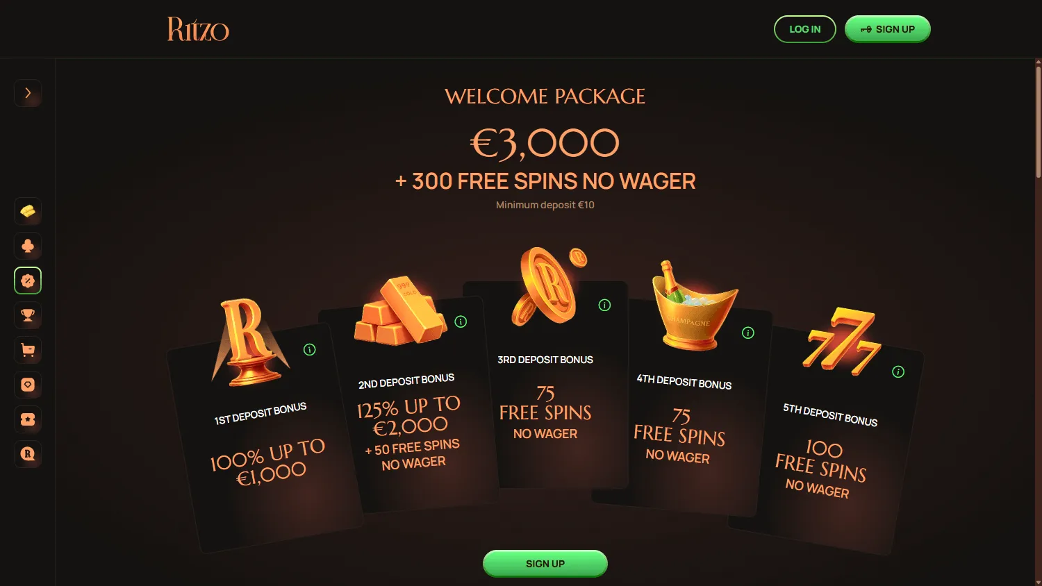 Ritzo Casino promotions screen on desktop